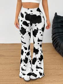 SHEIN EZwear 女士奶牛纹针织休闲音乐节喇叭裤 动物纹喇叭裤 奶牛纹裤 黑白喇叭裤 奶牛纹打底裤 喇叭奶牛纹裤 女士裤子 女士高腰裤 阔腿裤 女士高腰喇叭打底裤 - 黑與白 - 查看 5