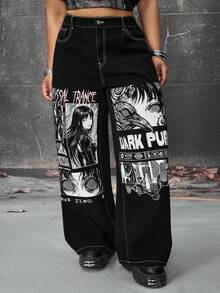 ROMWE Anime Quần jeans cỡ lớn in chữ và hình người, túi xéo, thời trang thường ngày. - màu đen - Xem 8