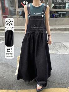 FRIFUL 女士休闲长款牛仔背带裙 - 藍色 - 查看 1