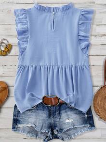 SHEIN LUNE CURVE Plus Size Women Elegant Blue Vacation Shirt Ruffle Sleeve Top Women Clothing - Blue - View 2