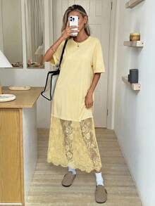 Easowa 圆领纯色宽松休闲T恤，蕾丝连衣裙，时尚外出通勤装扮，黄色蕾丝连衣裙，奶油黄两件套，柠檬黄连衣裙，浅黄色连衣裙，女士夏季服装，女士休闲连衣裙，女士端庄服装，女士新款连衣裙，女士休闲夏季套装，法式连衣裙 - 鵝黃色 - 查看 3