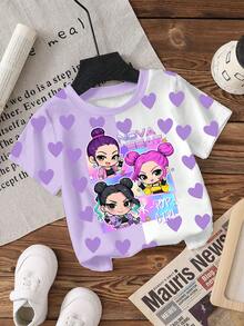 Cute Baby Girls' Summer Lavender T-Shirt Featuring Cartoon Character Prints&Heart Patchwork Design,Round Neck Short Sleeve Casual Tee - Multicolor - View 2