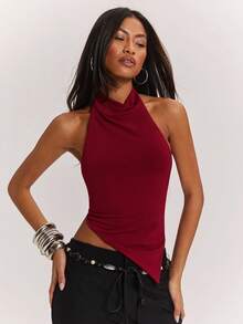 SHEIN BAE Áo croptop hở lưng gợi cảm với vạt áo bất đối xứng, phù hợp cho tiệc khiêu vũ, bãi biển, những dịp trang trọng, màu đỏ anh đào, lễ hội âm nhạc, hẹn hò, câu lạc bộ, Ibiza, kiểu dáng cơ bản. - Màu Hoa hồng đỏ - Xem 5