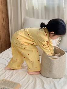 DAZY 2pcs Baby Girls' Casual Heart & Polka Dot Print Lapel Long Sleeve Shirt And Loose Pants Pajama Set Summer Toddler - Yellow - View 2