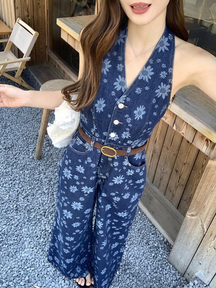Women's All-Over Print Tie-Up Waist Loose Wide Leg Denim Jumpsuit Boho