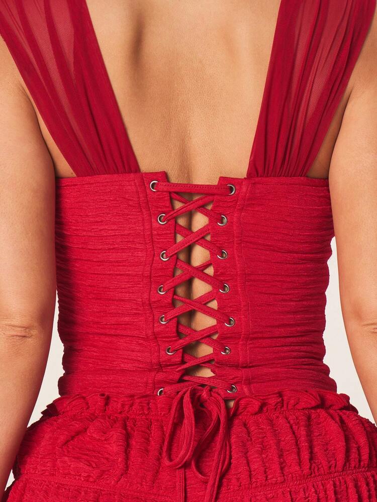 MISSGUIDED Ruffle Mesh Corset Top With Lace Up Back Detail Square Neckline Structured Bodice Cropped Length Perfect For Night Special Occasions