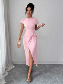 Franclia Đầm cổ chữ V xẻ tà trang trí nơ dành cho nữ - Màu be - Xem 5