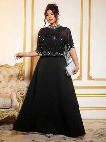 Cravure 大码女式优雅针织网纱随机珍珠水钻装饰修身长裙配披肩，两件套 - 黑色 - 查看 7