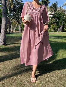 DAZY Vestido longo feminino elegante com patchwork, cintura marcada e mangas com babados, modelo boho para primavera/verão, perfeito para férias. - Rosa - Ver 2