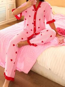 SHEIN 女士V领条纹爱心印花短袖睡衣套装 - 彩色 - 查看 5