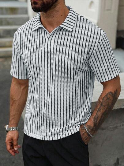 Manfinity CasualCool Men's Casual Striped Print Short Sleeve Polo Shirt, Jacquard Textured Fabric ,Suitable For Summer Holiday And Daily Commute Men Stripe Shirt Men Shirt Summer
