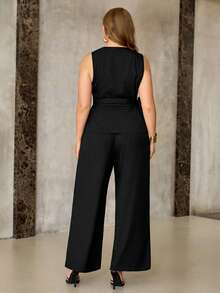 Franclia 大码女士优雅纯色系带吊带背心和宽松长裤两件套，修身连体裤，大码连体裤，大码女装两件套，大码女式裤装，大码两件套服装，职业装，修身女装，高挑女装，办公室职业装，大码女式连体裤，大码女式裤装，大码女式正装，大码女式正装套装，优雅大码连体裤 - 黑色 - 查看 2