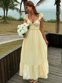 Livesso Summer Vacation Outfit Yellow Cap Sleeve V-Neck Solid Color Mid-Length Dress For Women Boho Sun Dresses For Women - Pale Yellow - View 3
