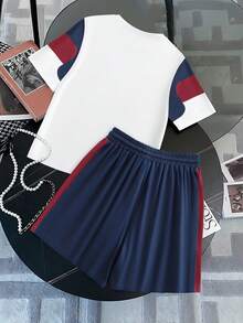 SHEIN LUNE Damen Rundhals Loose Kordelzug Taille Bedrucktes Design Kurz Lässig Sport Minimalistisch Pendler Stil Oberbekleidung, geeignet für Frühling/Sommer Alltag - Verschiedenfarbig - Übersicht 2