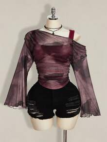 SHEIN ICON Áo nữ cỡ lớn họa tiết nhuộm tie-dye cổ lệch vai 2 trong 1 - Màu đỏ tím - Xem 3