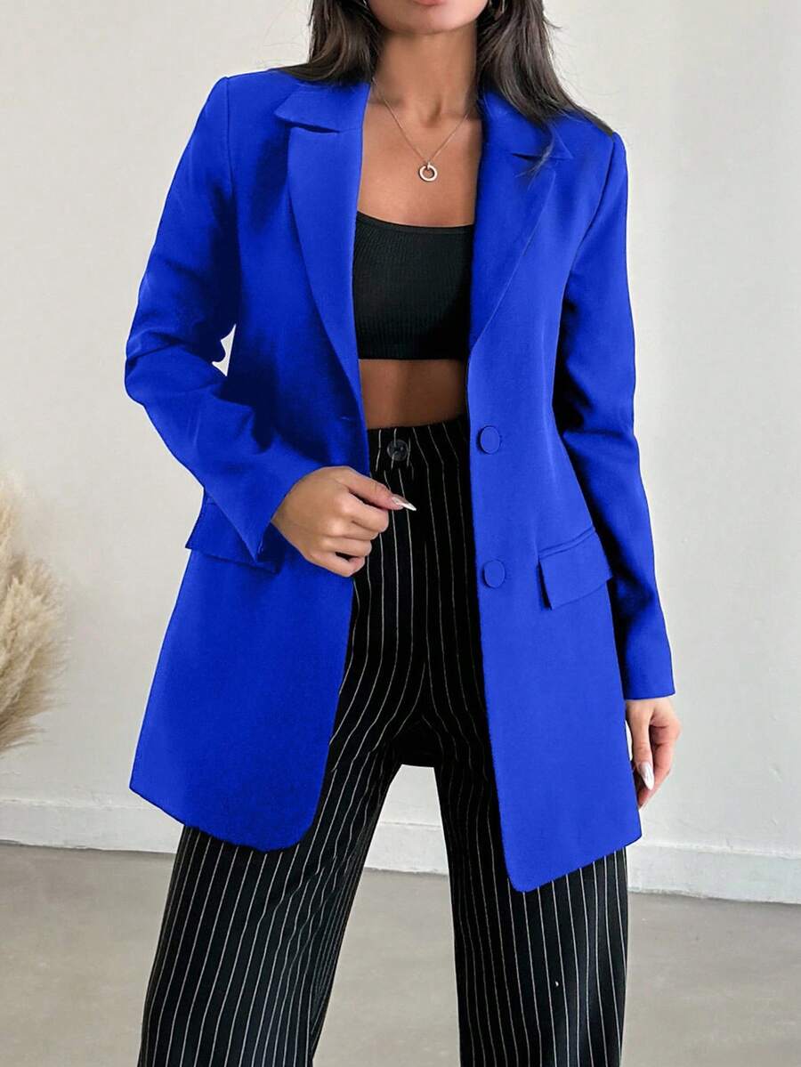 EURMUSE Women's Casual Commuter Solid Color Notched Collar Single-Breasted Blazer, Autumn - Blue - View 1