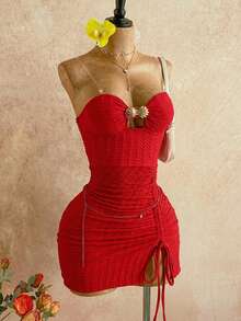 Soleia Nuovo abito casual da vacanza, stile occidentale, da spiaggia, per matrimoni, lauree, brunch di San Patrizio, primavera, Pasqua, festival musicali, elegante, bohémien, tropicale, grazioso, con texture, laccetti, decorazioni in metallo e arricciature, in verde mini - Rosso - Visualizzare 6