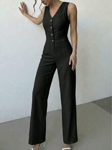 Conjunto 2 piezas Chaleco y pantalón tipo sastre mujer elegante, botones al frente, traje sofisticado para eventos formales y casuales tejido ligero cuelloescote V pantalón largo tipo sastre pierna recta, cómodo fresco eleganate día noche fiesta evento ideal para la oficina o el trabajo - Negro - Ver 6