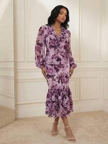 Anewsta Spring & Summer Floral Print Bodycon Layered Ruffle Hem Fishtail Vacation Holiday Sheer Skirt For Women - Mauve Purple - View 1
