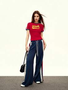 Sundraya Red Retro American Style Sporty Crew Neck Contrast Color Letter Graphic Short Sleeve T-Shirt - Burgundy - View 3