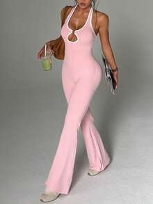 SHEIN Sovereign Charm Women's Sleeveless Jumpsuit, Macaron Pink, Hollow Front Panel, Contrast Trim Neckline And Back, Sexy & Fashionable, Suitable For Daily Casual Wear, Running, Yoga, Tennis, Golf - Pink - View 5