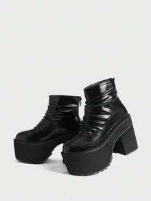 Sugerpunk 女士黑色朋克风圆头粗跟褶皱踝靴 - 黑色 - 查看 4