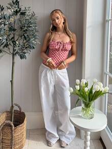 CovetEZ Fashionable Sexy Red Plaid Camisole With Bow Tie Straps, Women's Spring/Summer Apparel, Elegant Choice For Festivals - Red - View 3