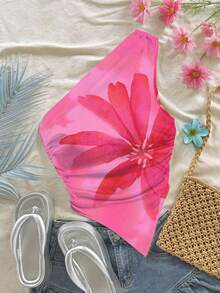 SHEIN Camiseta de tirantes con volantes y bajo asimétrico con estampado floral para niña preadolescente - Multicolor - Ver 2