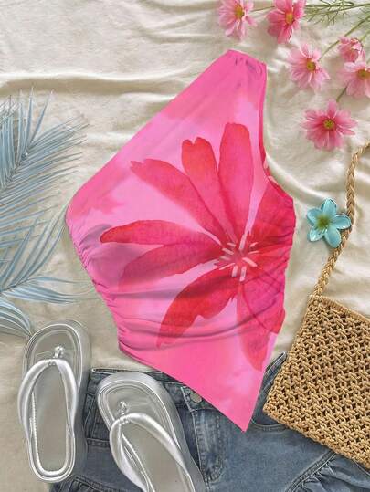 SHEIN 少女碎花印花不对称下摆荷叶边吊带背心