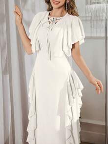 Modelyn Women's Solid Color Knotted Ruffle Hem Elegant Waist Cinched Long Dress, Suitable For Dates And Parties - Apricot - View 1