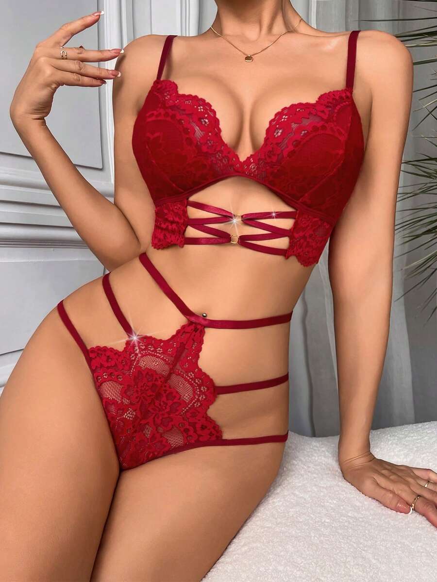 Set de 2 piezas Sujetador inalámbrico sexy de encaje (Sujetador inalámbrico + Tanga) para mujeres para salir - Burdeos - Ver 1