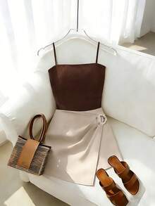 SHEIN Franclia 休闲百搭连体裤吊带上衣搭配卡其色短裤/半裙/阔腿裤，女士春夏两件套 - 卡其色 - 查看 7