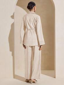 Graceveil 一套女士纯色衬衫领金属装饰腰带，宽松休闲优雅两件套 - 杏色 - 查看 2