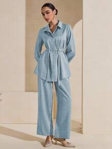 Graceveil 一套女士纯色衬衫领金属装饰腰带，宽松休闲优雅两件套 - 霧霾藍 - 查看 6