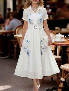 EMERY ROSE Elegant Half-Placket Shirt Dress, French Retro Blue Floral Print, Luxurious Graceful Holiday Dress For Women - Multicolor - View 1