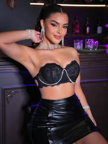 MidnightGlam 1 pieza Ropa interior de mujer, Sujetador de encaje negro con aro, Taza sexy y delgada - Negro - Ver 4