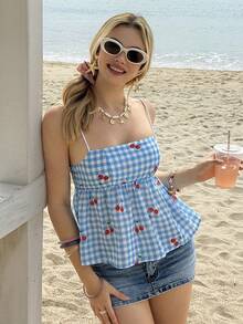 MainGRL Blue & White Plaid With Red Cherry Print Women's Camisole - Blue - View 1