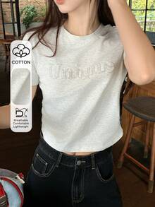 DAZY Women's Round Neck Steel Stamped Casual Short Sleeve T-Shirt - Grey - View 1