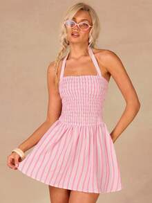 Athîral Women's Vacation Casual Pink Striped Backless Halter Mini Dress, Summer Dress,Picnic Dress, Pink Vacation Dress,Cute Dress,Outdoor Wear - Pink - View 3