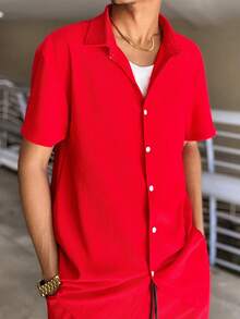 Ngobest Haus Ngobest Haus GloMan Men's Textured Solid Color Casual 2 Piece Outfits, Featuring A Button Placket, Loose Fit Short Sleeve Shirt And Drawstring Shorts Sets, Soft And Slightly Elastic, Comfortable And Breathable, Suitable For Street Wear, Casual Daily Wear, Weekend Outings, Social Gatherings, Red Vacation 2 Pieces Sets For Couple Matching - Red - View 3