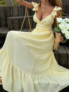 Livesso Summer Vacation Outfit Yellow Cap Sleeve V-Neck Solid Color Mid-Length Dress For Women Boho Sun Dresses For Women - Pale Yellow - View 2
