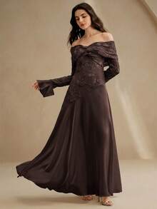 Anewsta White Elastic Fitted Flare Sleeve Off Shoulder Long Dress For Women - Brown - View 4