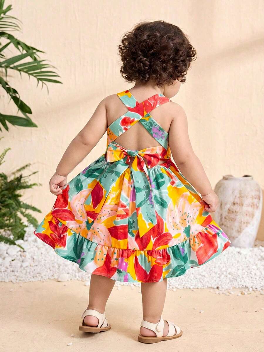 SHEIN Baby Girl Vacation Casual Cute Floral Pattern Ruffle Hem Dress Baby Girl Multicolor Princess Dress Multicolor Floral Print Dress Baby Girl Sleeveless Floral Print Casual Dress Baby Vacation Dress - Multicolor - View 1