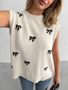 SHEIN Sleeveless Knit Sweater With Back Tie & Bow Pattern Vest - Apricot - View 6