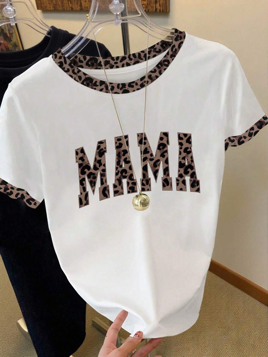 Resyla 经典卡其色 MAMA 字母印花条纹女式白色T恤，简约印花设计，是夏季时尚T恤的理想之选，也是送给兄弟姐妹、姐妹、妈妈或母亲节的完美礼物，休闲又不失时尚感。 - 白色 - 查看 1