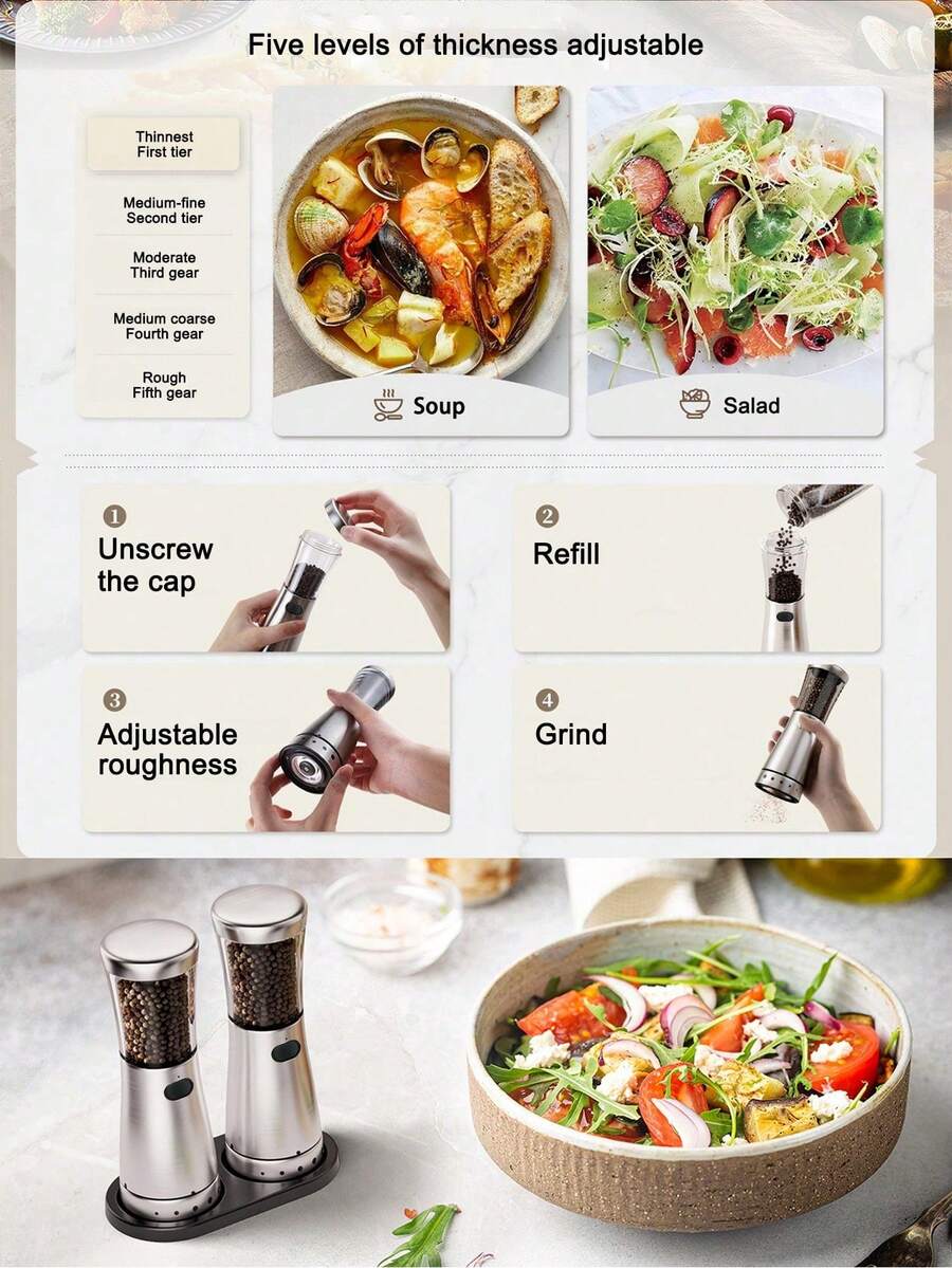Teckwe Electric Pepper Grinder - Rechargeable With 500mAh Capacity For Long-Lasting Use, Adjustable Coarseness, Suitable For Salt/Pepper/Spices, Ideal For Kitchen And Home (10 Oz Large Capacity, Ergonomic Design) - Silver - View 1