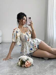 Elenzga 女士优雅印花收腰衬衫，夏季 - 杏色 - 查看 4