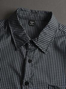 STYNVO 男士字母格纹印花短袖单排扣休闲口袋衬衫 - 藏蓝色 - 查看 3