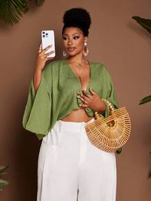 Maweii 加大码绿色长袖深V领扭结度假性感上衣 - 綠色 - 查看 4
