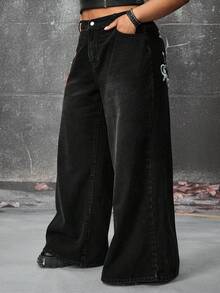 ROMWE Grunge Punk Jeans rectos de talla grande para mujer, extra largos, con lavado desgastado, estampado de cruz y vid, estilo punk - Negro - Ver 5